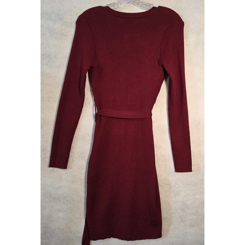 Grace Karin Sweater Dress Womens Medium Burgundy Ribbed Knit‎ Wrap V-Neck Core